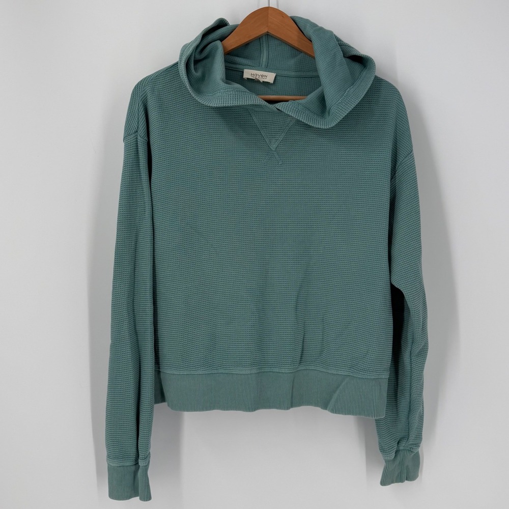 Haven Well Within Organic Cotton Waffle Knit Hoodie Womens Small Sage Green Cozy